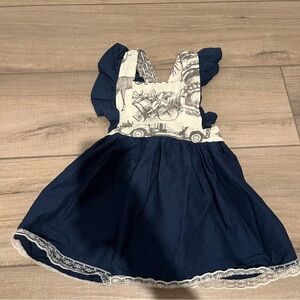 American Belles Navy Blue Ruffle Sleeve Lace Trim Tapestry Dress Size 12 month